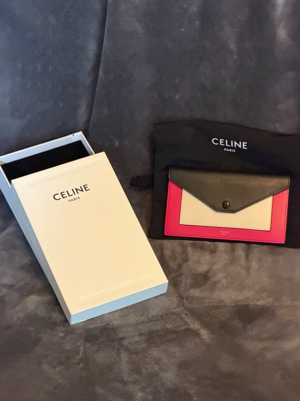 Celine Leather Bifold Card Case in Black & Fuchsia